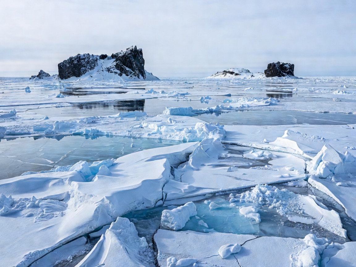 Frozen sea ice between Big Diomede and Little Diomede islands in the Bering Strait
