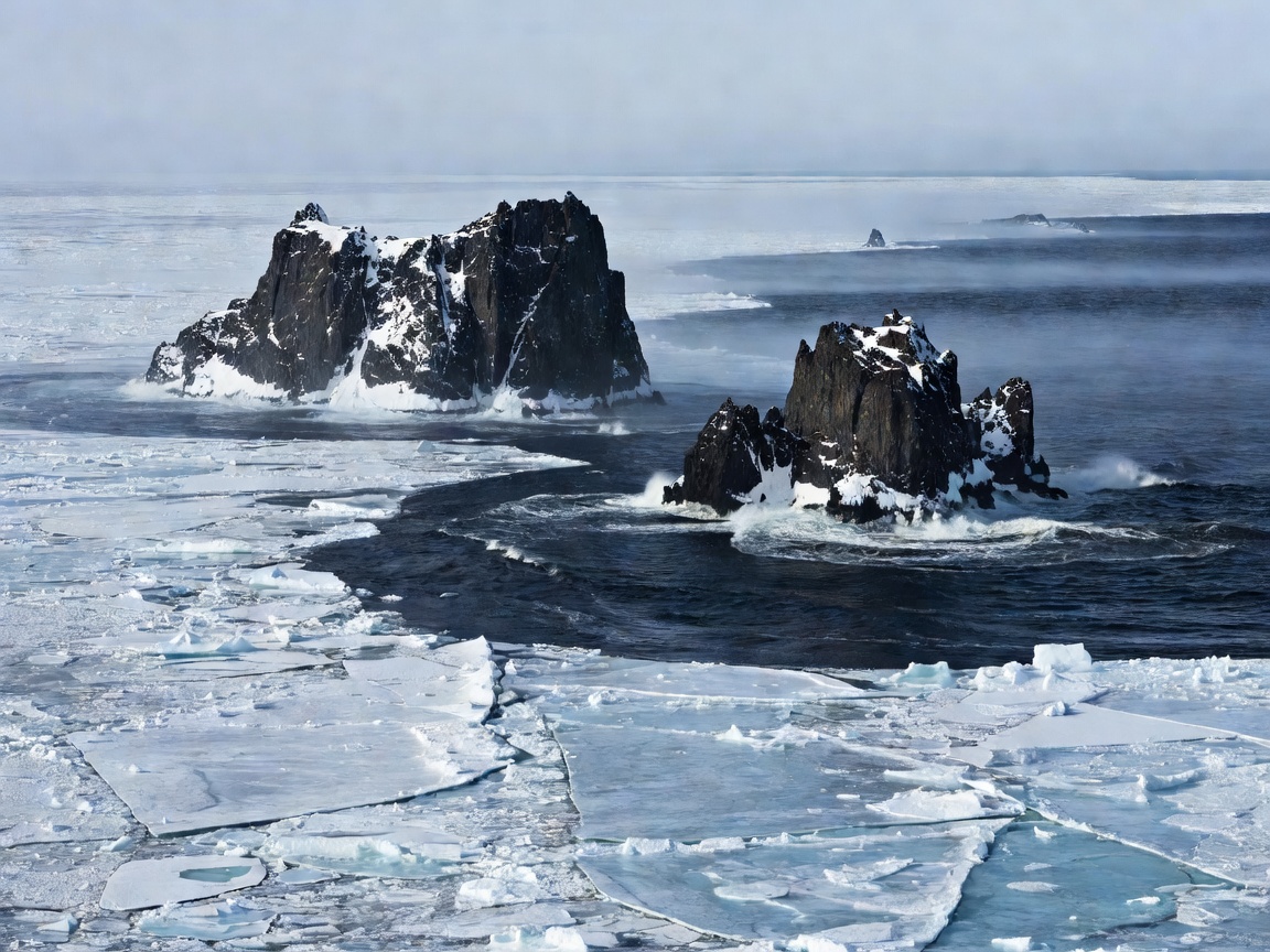 Icy maritime waters of the Bering Strait surrounding the Diomede Islands