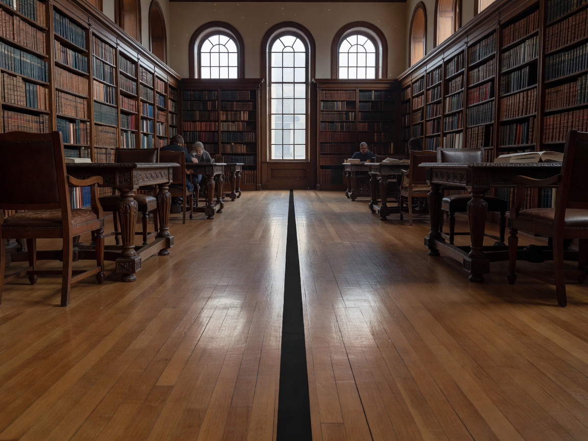 Interior reading room of Haskell Library with black tape line marking US and Canada border
