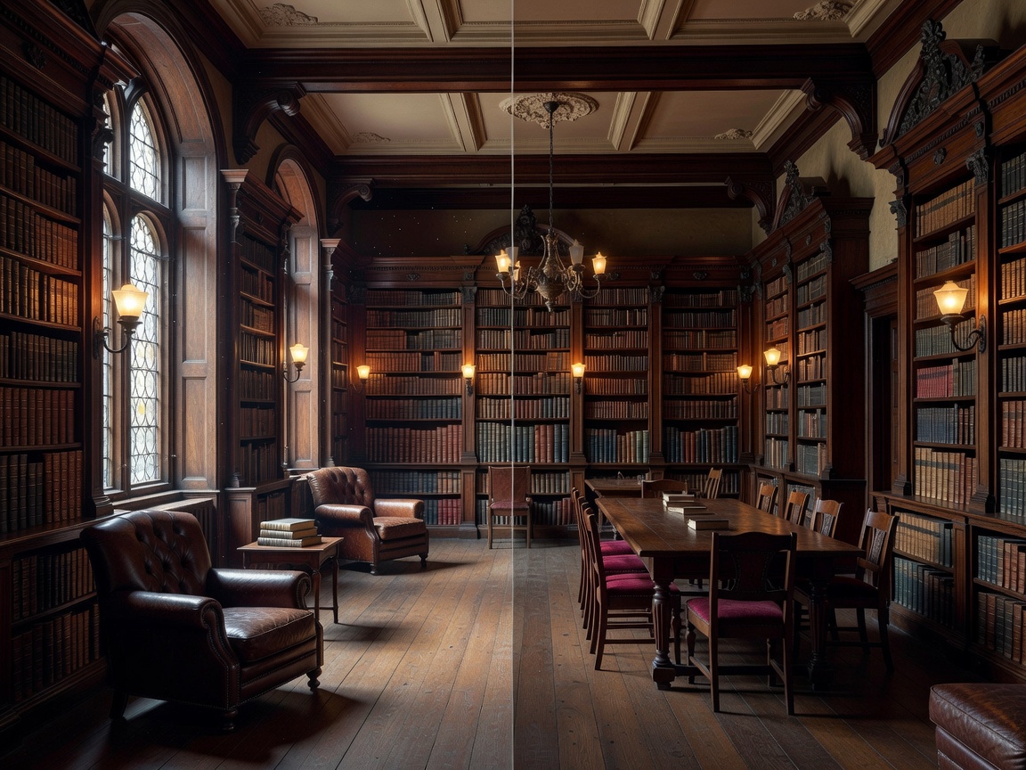 Victorian library interior with books where border line bisects the reading room