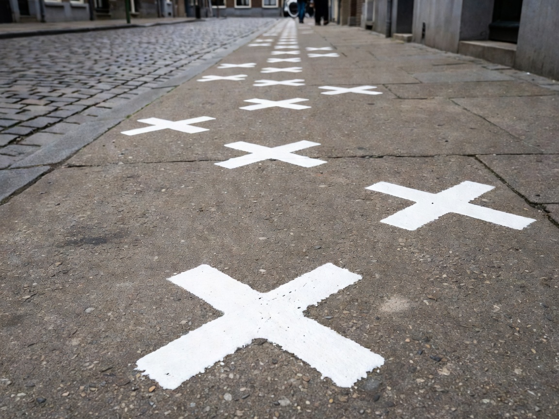 White cross markers painted on sidewalk showing border dividing Baarle-Hertog and Baarle-Nassau